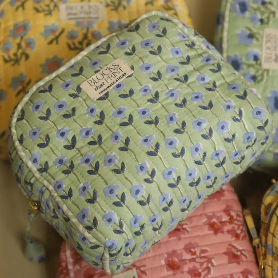 Green Bloom Hand Block Print Travel & Makeup Pouch