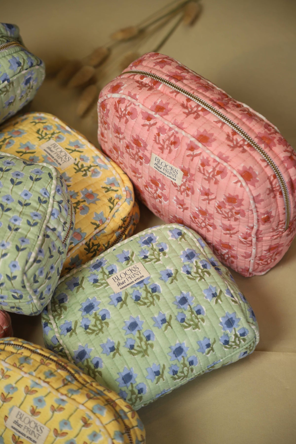 Green Bloom Hand Block Print Travel & Makeup Pouch