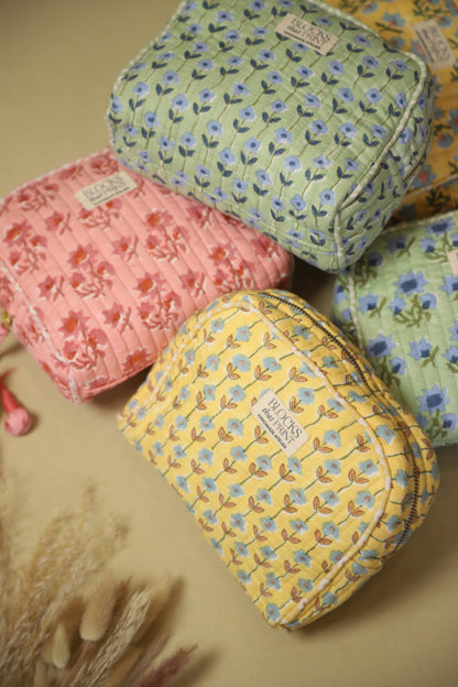 Green Bloom Hand Block Print Travel & Makeup Pouch