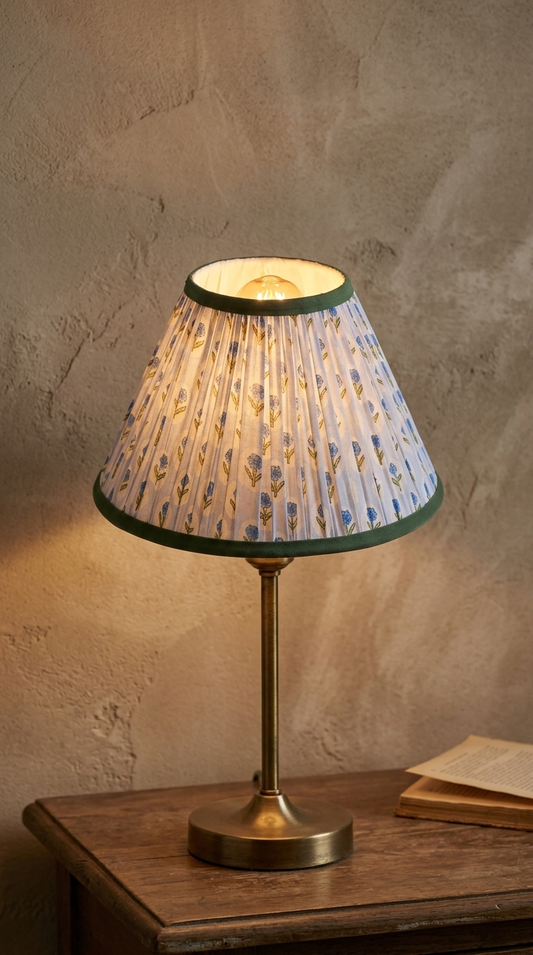 PRE ORDER - 12” Pleated Blockprint Lampshade -  Tea Rose Powder Blue