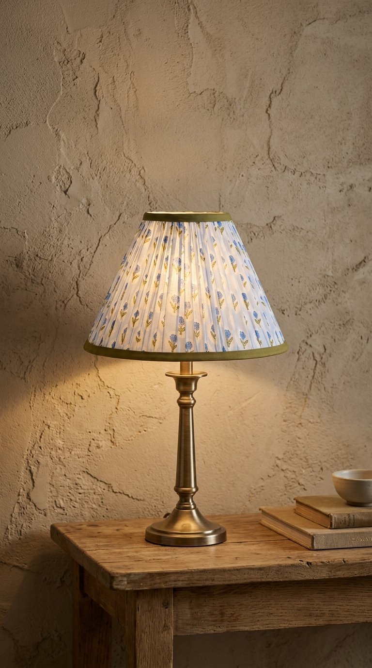 PRE ORDER - 14” Pleated Blockprint Lampshade -  Tea Rose Powder Blue