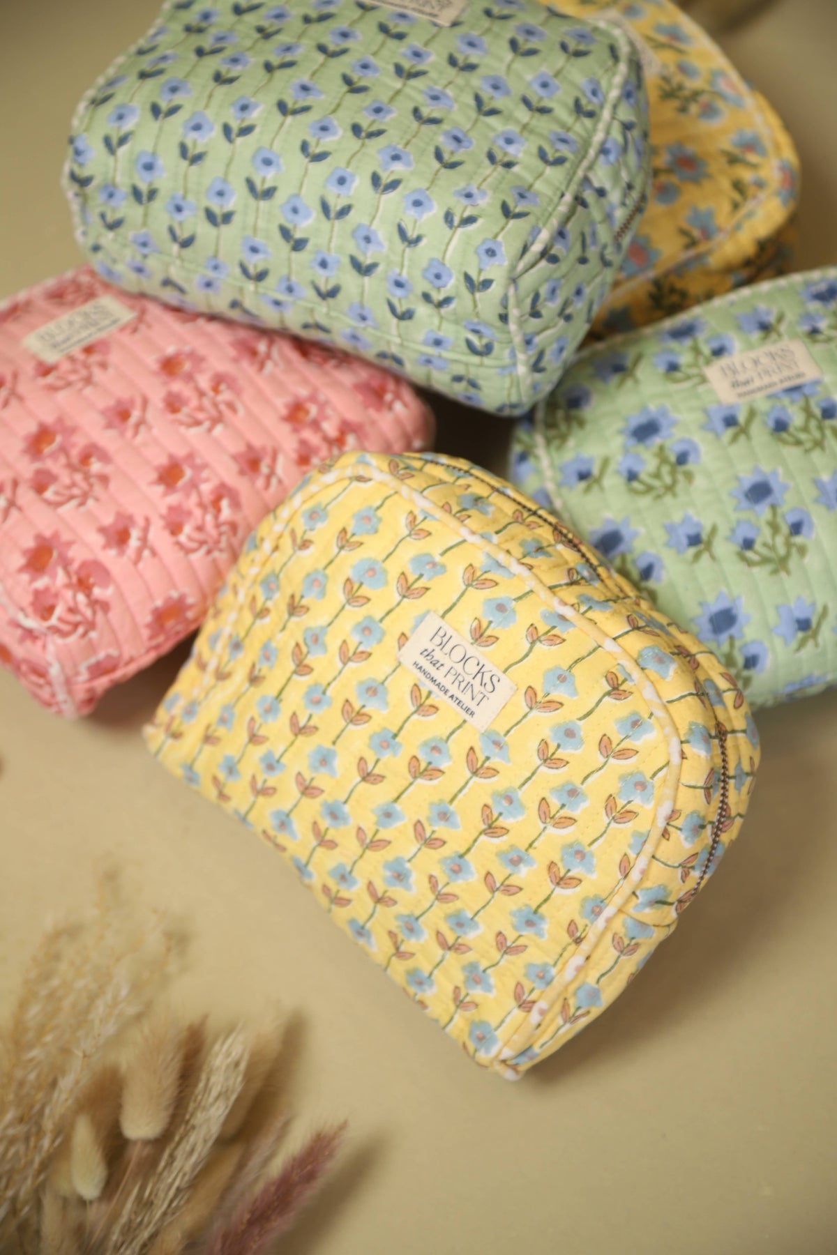 Yellow Vine Hand Block Print Makeup & Travel Pouch